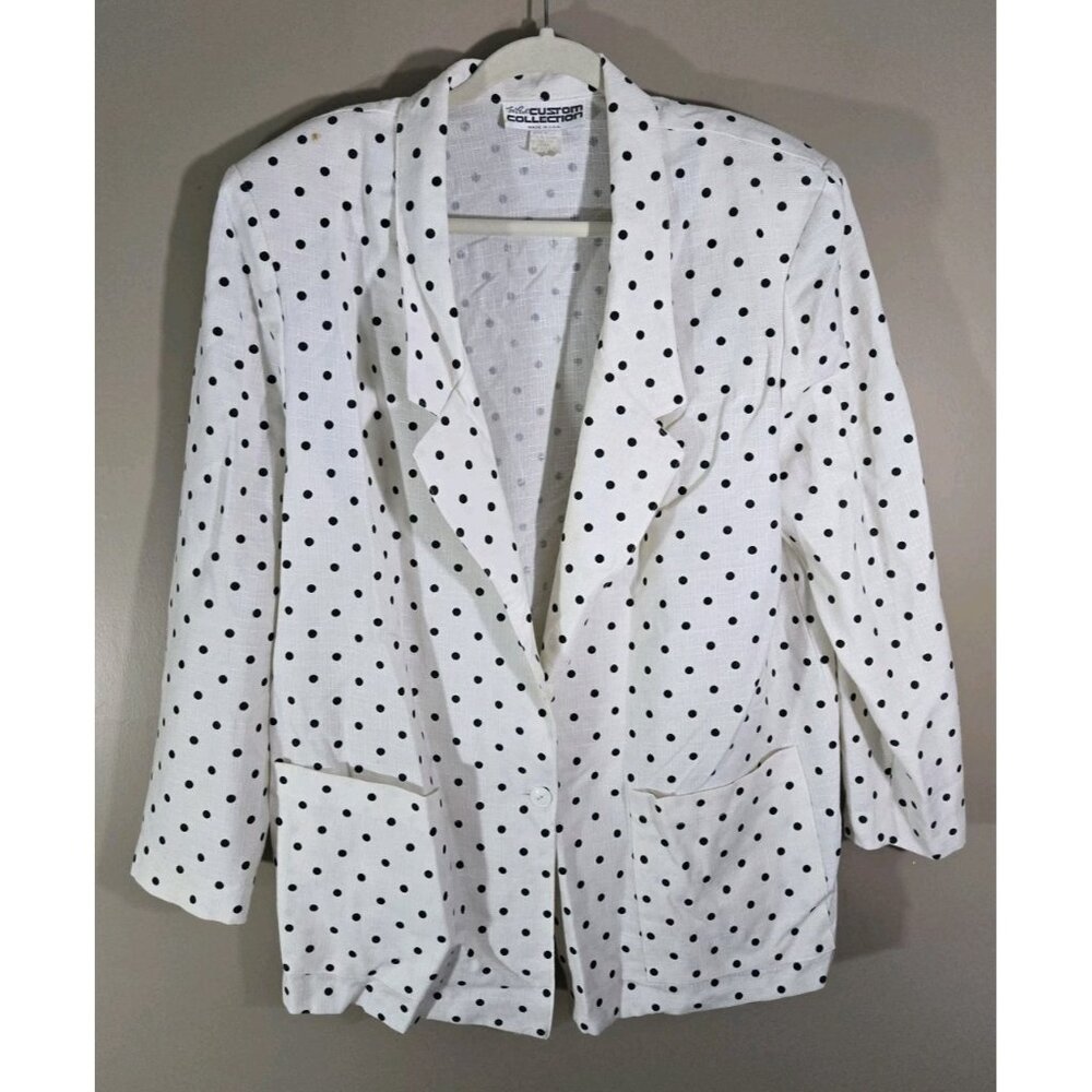 Vtg The 1 East Custom Collection White Black Polka Dot Open Front Blazer Sz 16
